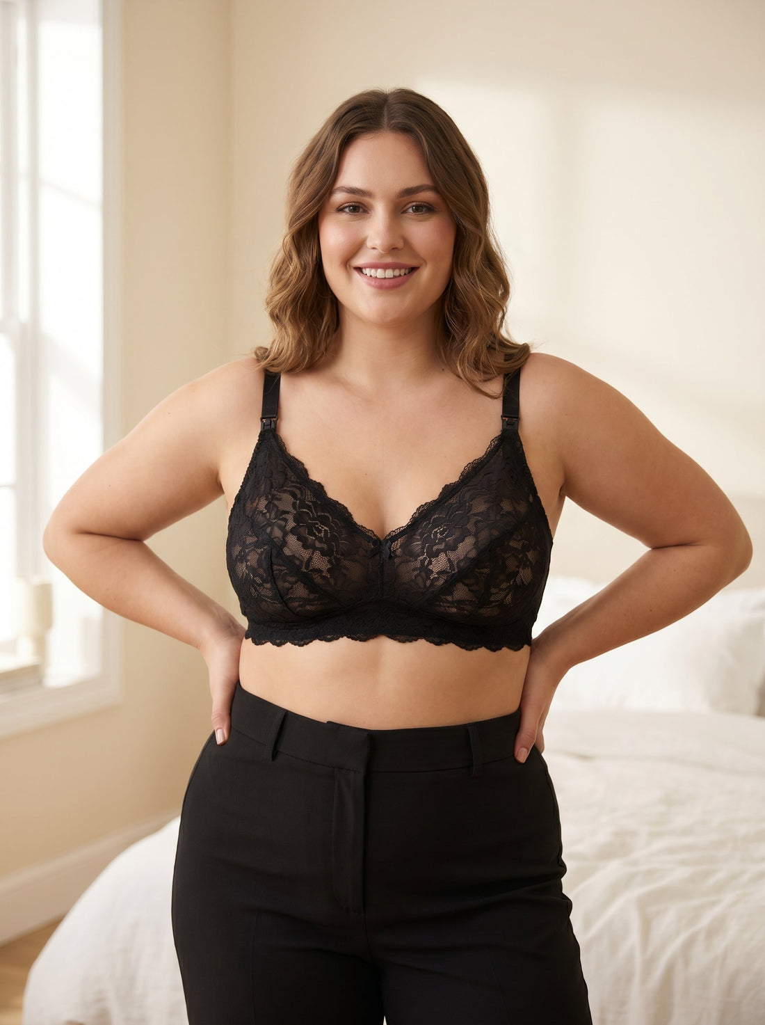 New mum wearing ChicNurse seamless clip-down nursing bra in nude — best nursing bras UK 2026 guide