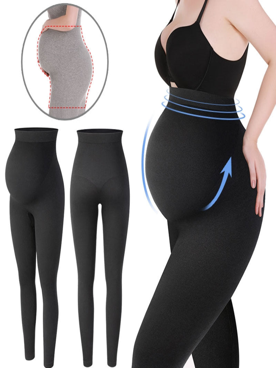 Pregnant woman wearing ChicLeg™ high-waist shaping maternity leggings in black, premium editorial