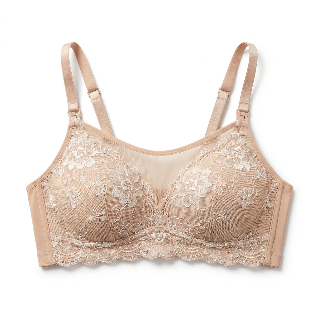 Brunette new mum wearing ChicLace™ lace nursing bra at home, front view