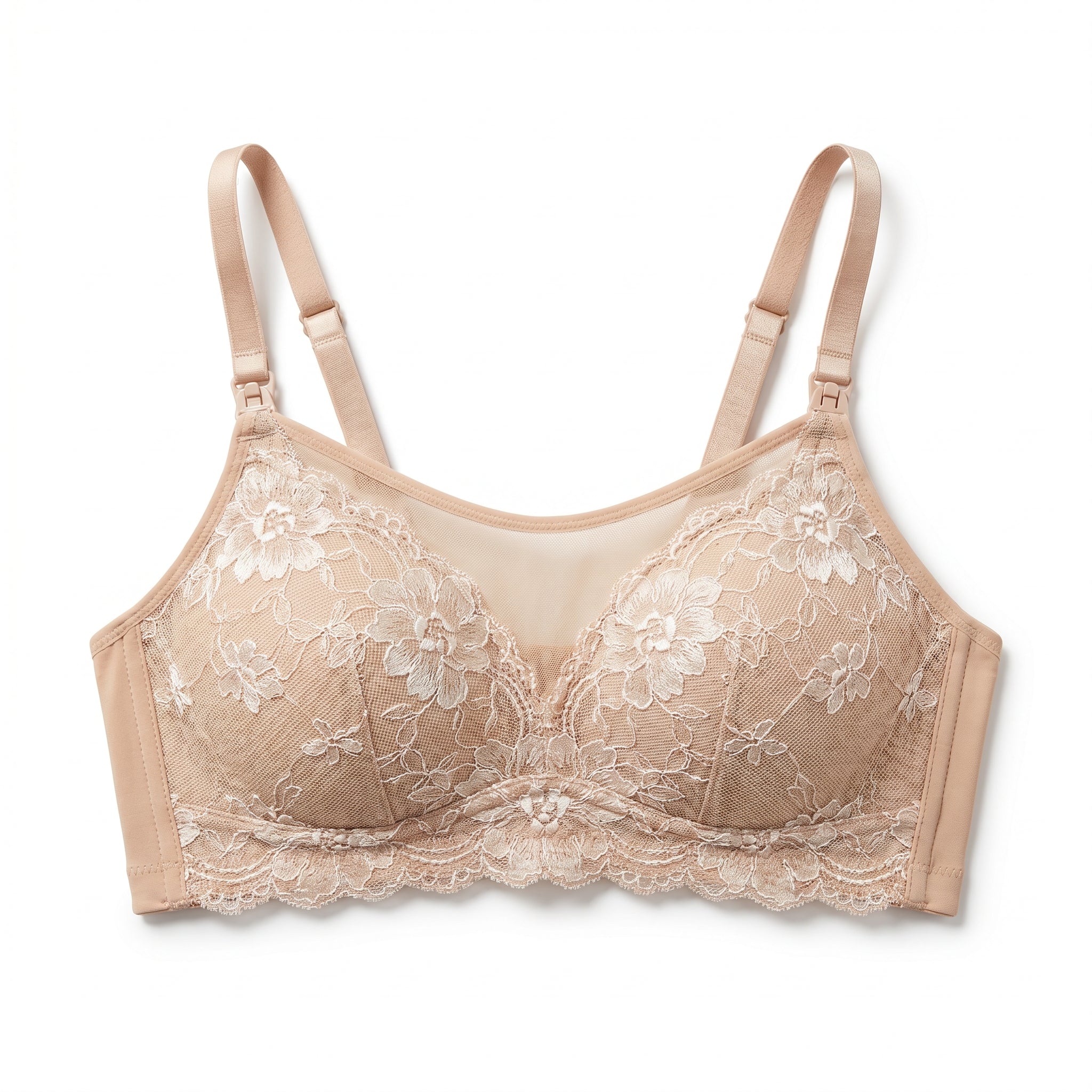 Brunette new mum wearing ChicLace™ lace nursing bra at home, front view