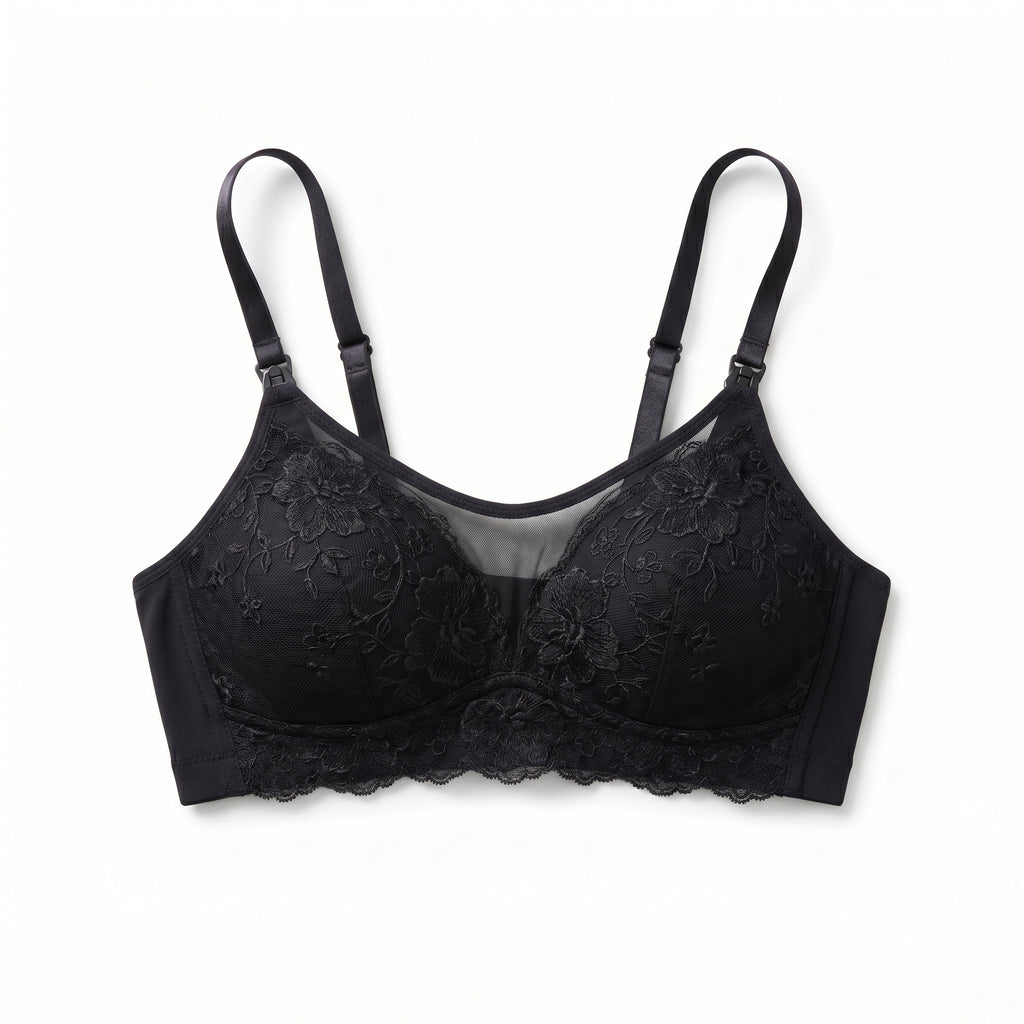 Mum wearing ChicLace™ pure cotton lace bra showing soft lace trim