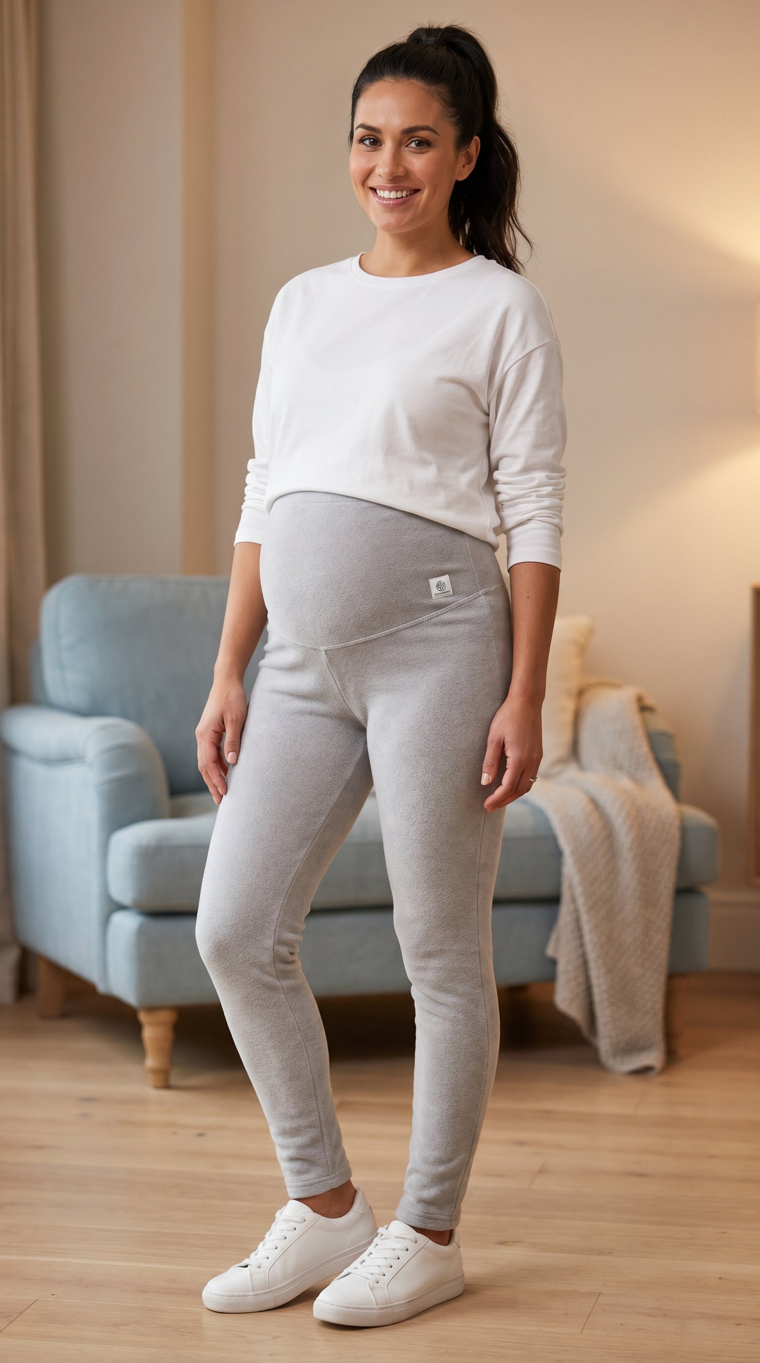 Pregnant woman wearing ChicFleece™ over-bump leggings, autumn winter