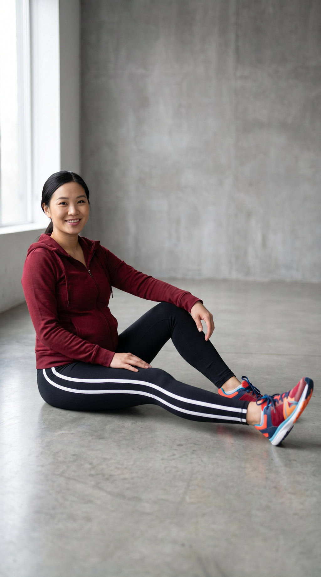 Mum-to-be wearing ChicStripe™ over-bump active leggings, walking outdoors