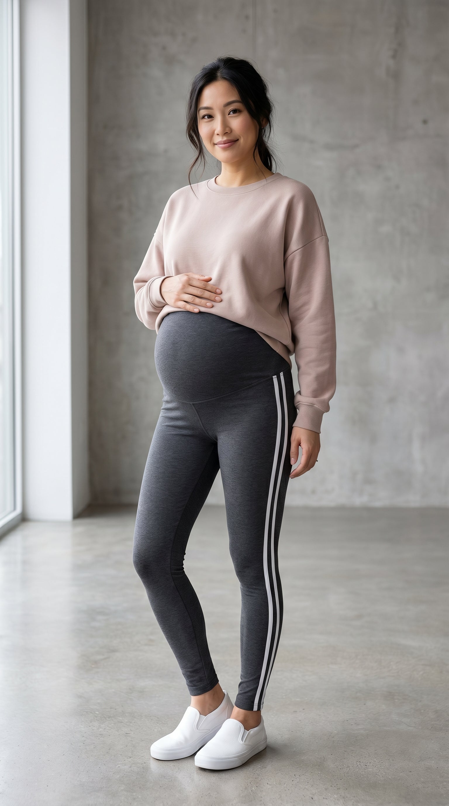 Pregnant woman wearing ChicStripe™ active leggings, third trimester yoga