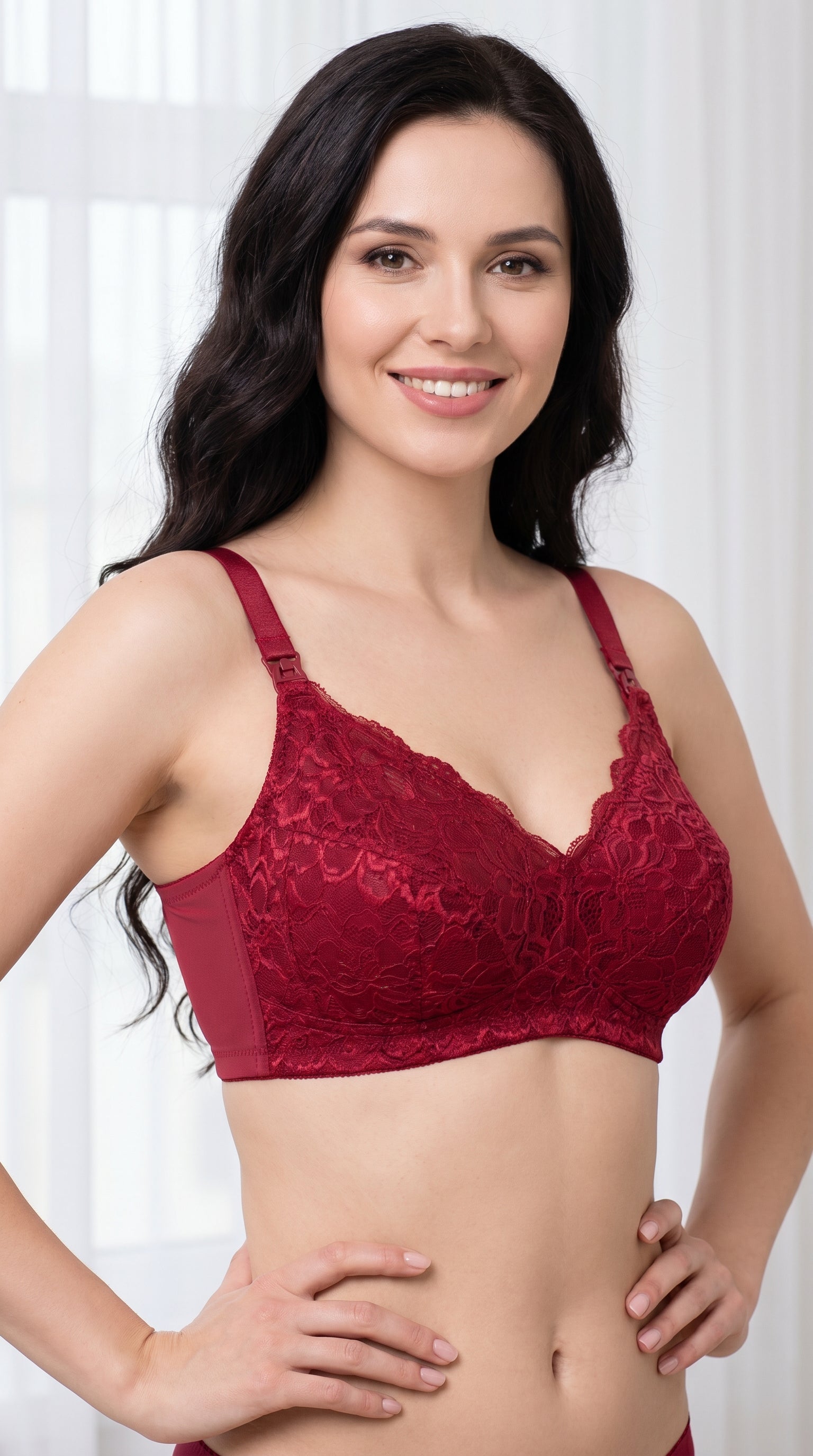 New mum wearing ChicNurse™ nursing bra showing one-clip feeding access