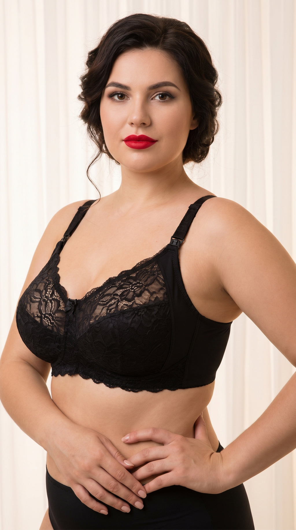 Brunette new mum wearing ChicNurse™ wire-free nursing bra at home, front view